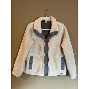 LL Bean Mountain Pile Fleece Jacket Cream Gray Sherpa Snap Front 515832 Womens L